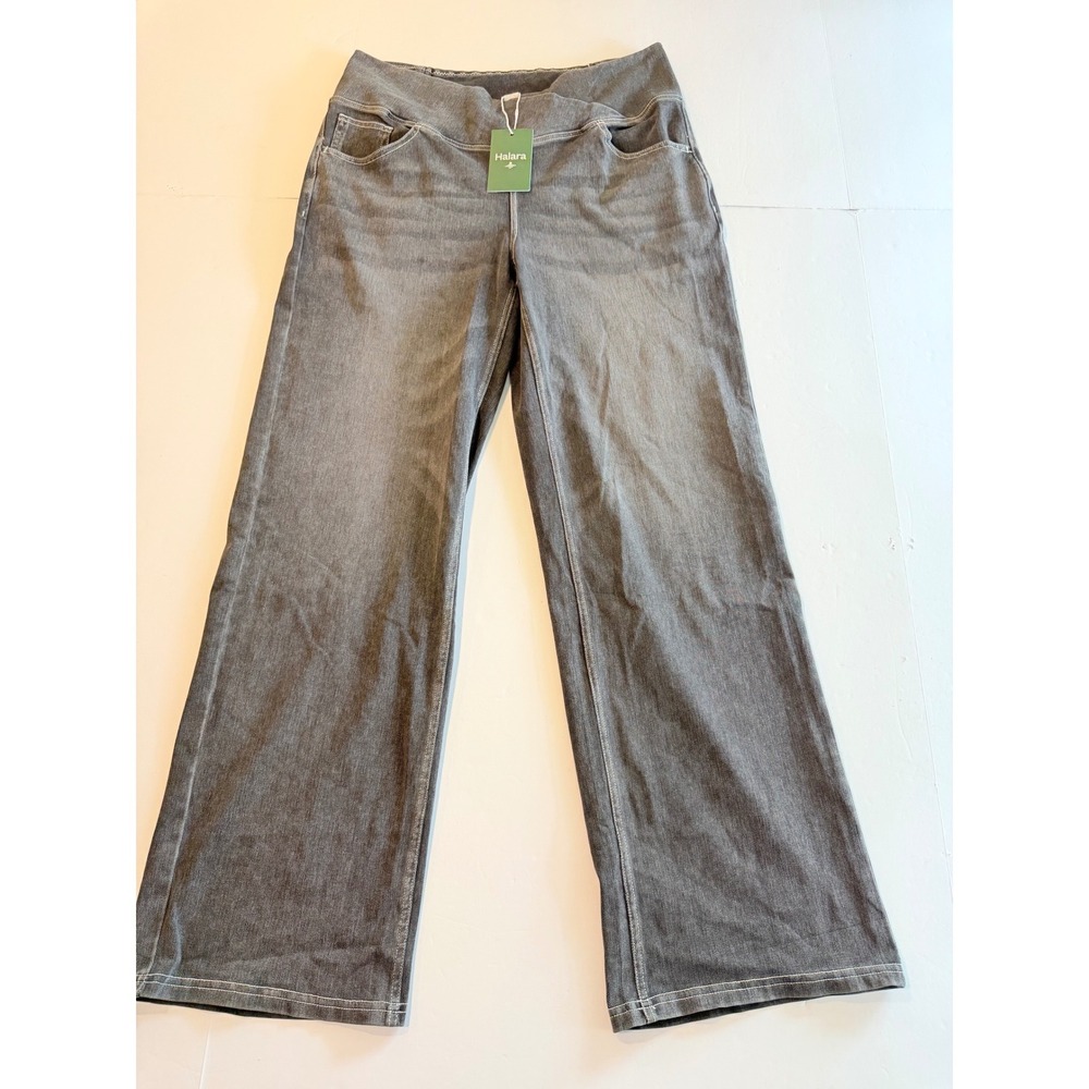 Halara Wide Leg Crossover Waist Gray Denim Look Knit Pants Large Regular NWT